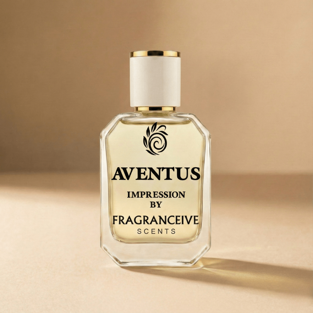 Perfume bottle labeled 'Aventus Impression by Fragranceive Scents' on a beige background