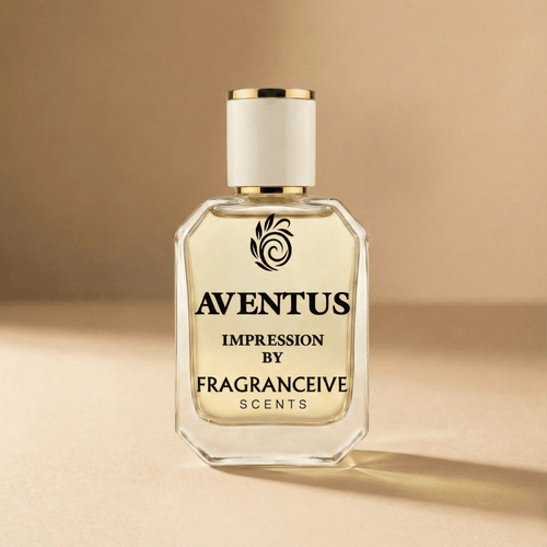 Perfume bottle labeled 'Aventus Impression by Fragranceive Scents' on a beige background