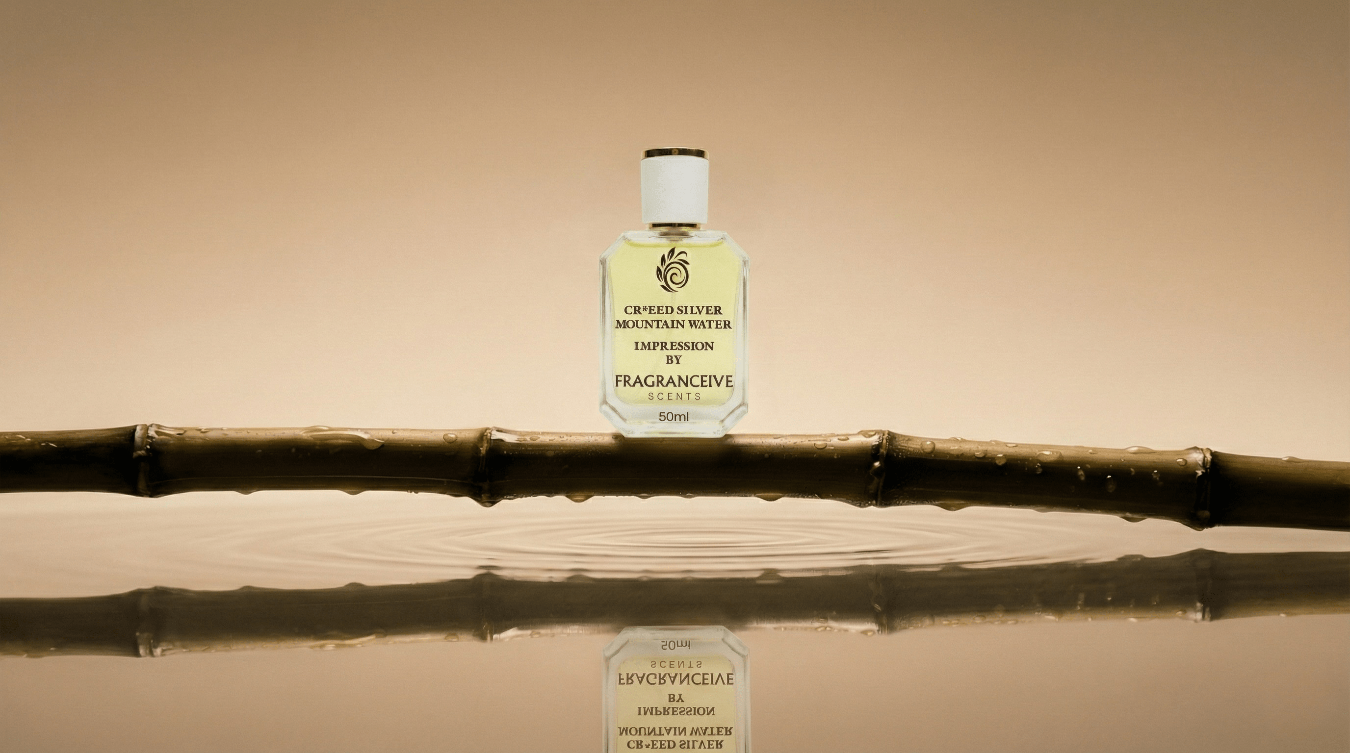 Creed Silver Mountain Impression by Fragranceive bottle on a branch with a beige background and water on lake.