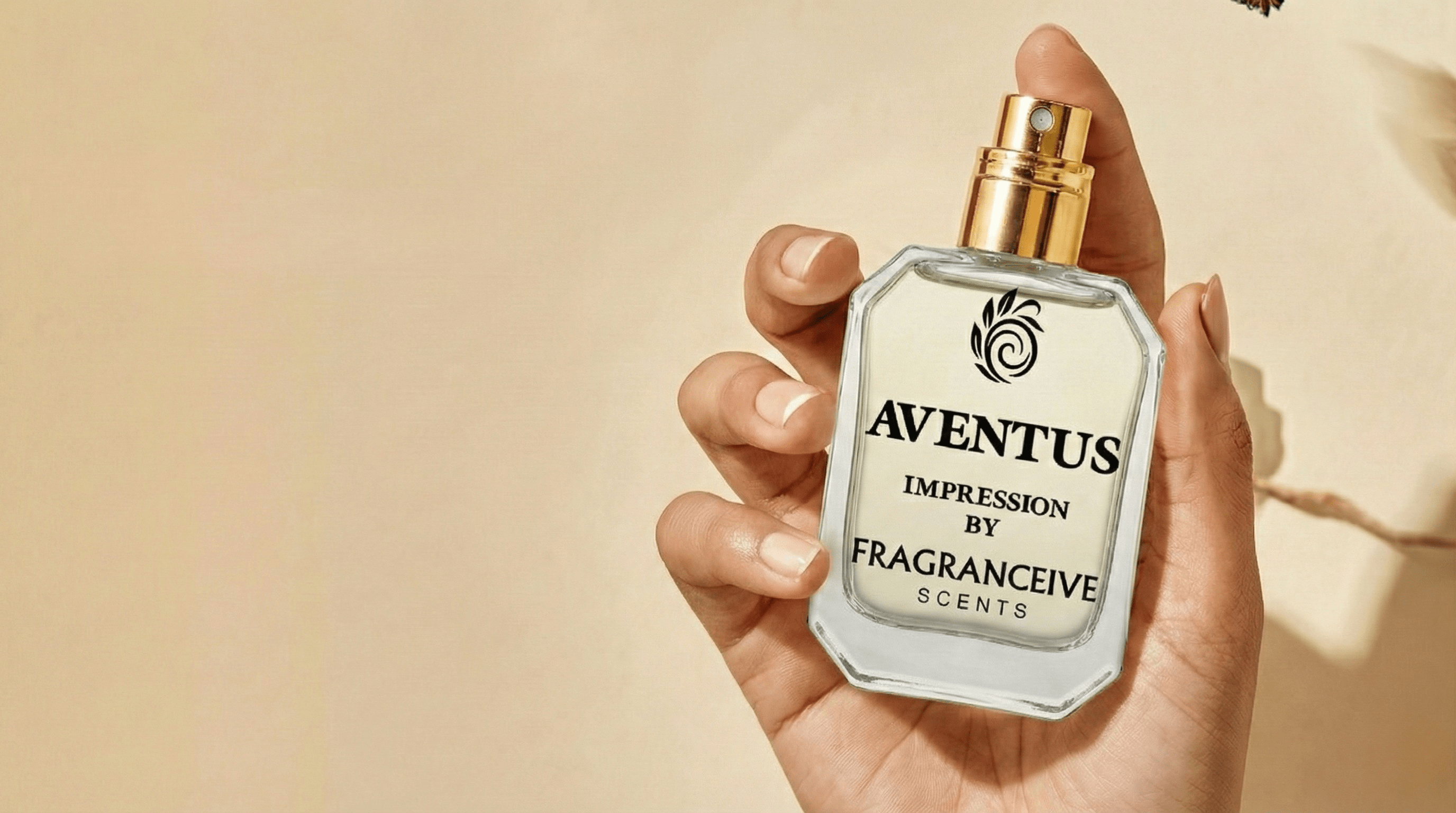 Hand holding a bottle of Aventus Impression by Fragrance18 on a beige background