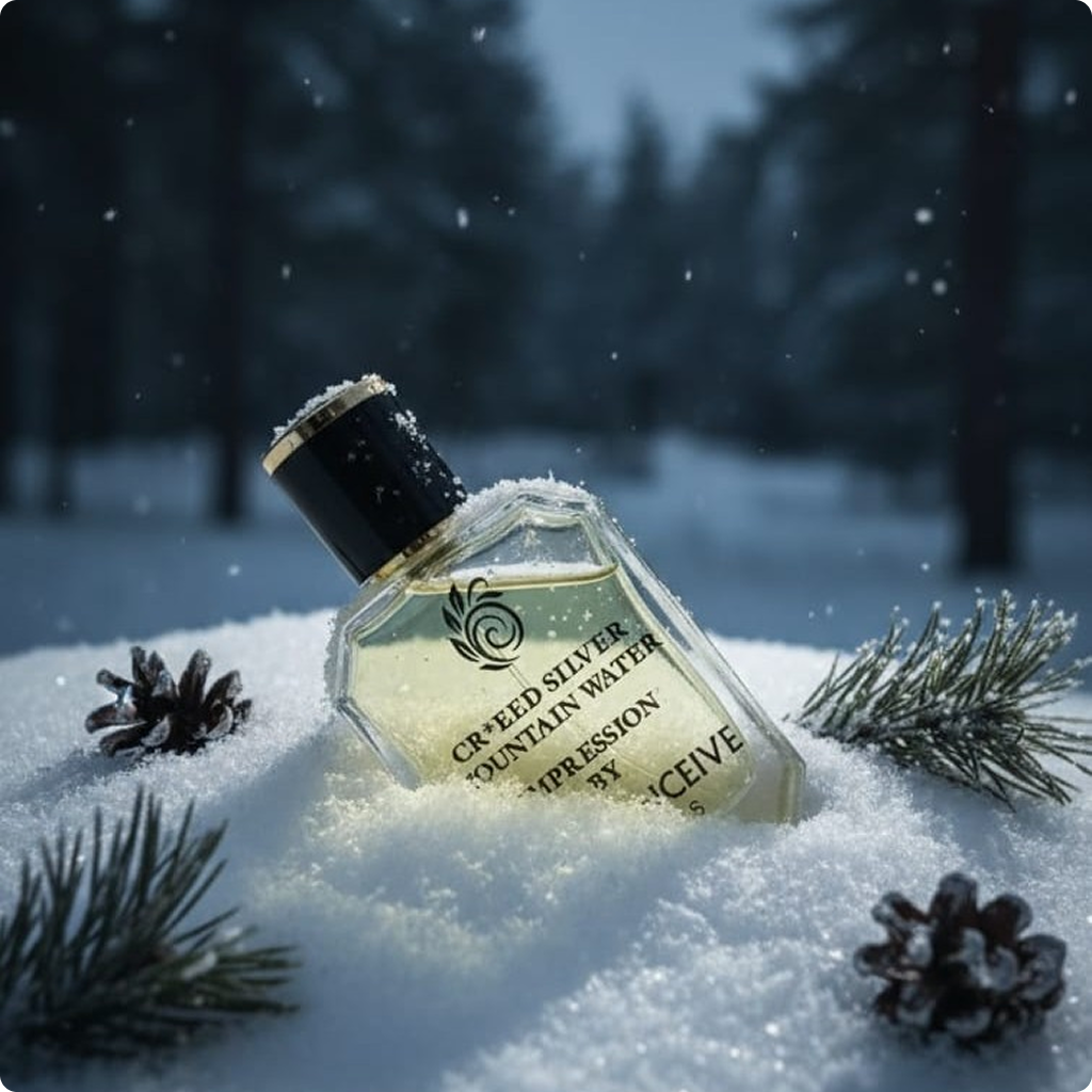 Perfume bottle in the snow with pine cones and a forest background