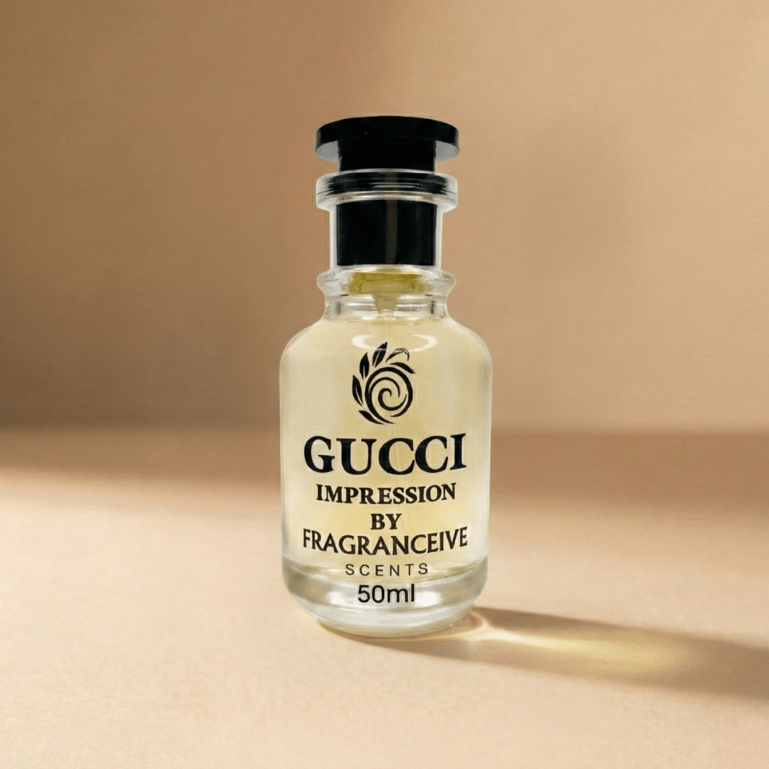 Gucci Impression by Fragranceive perfume bottle on a beige background